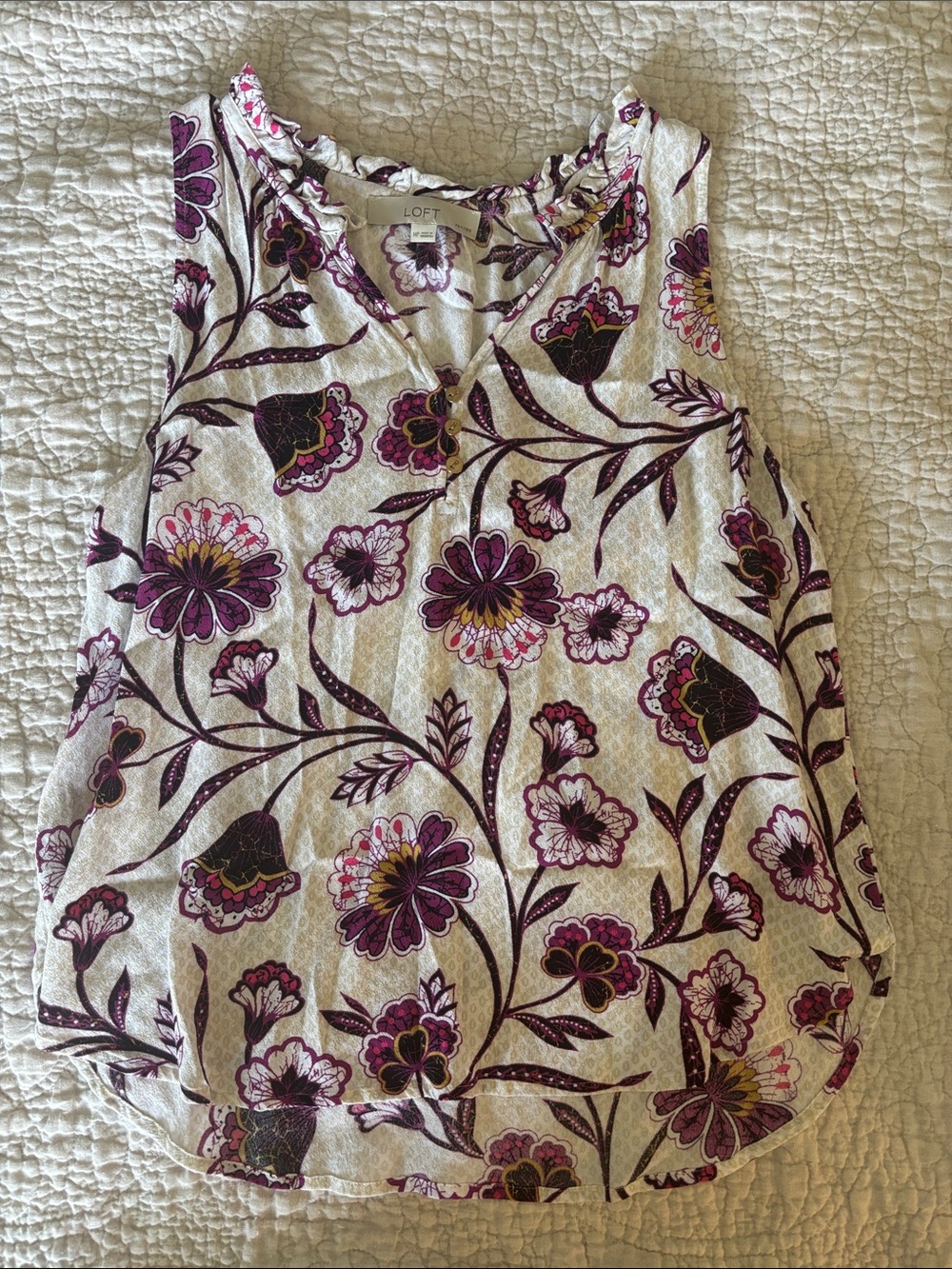 LOFT White Tank Top with Purple Floral Print